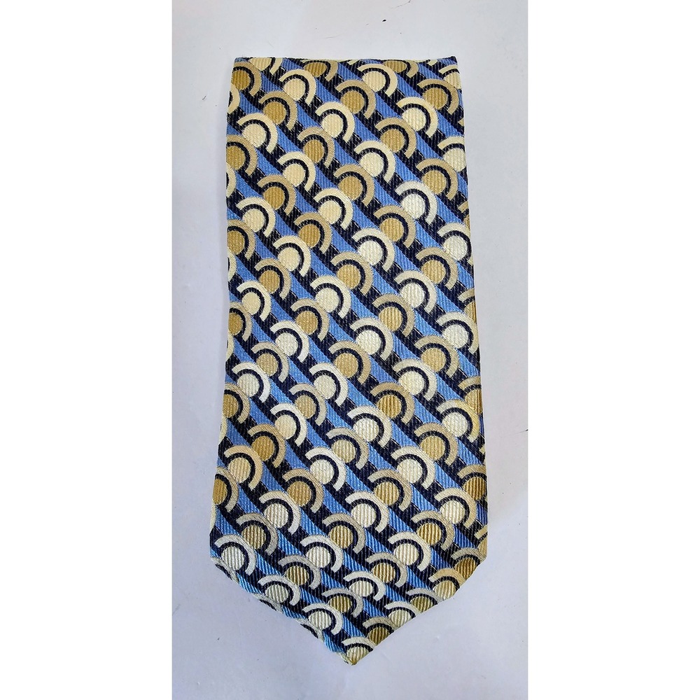 Tommy Hilfiger Men's Silk Necktie Blue Beige Gold Geometric Circles
